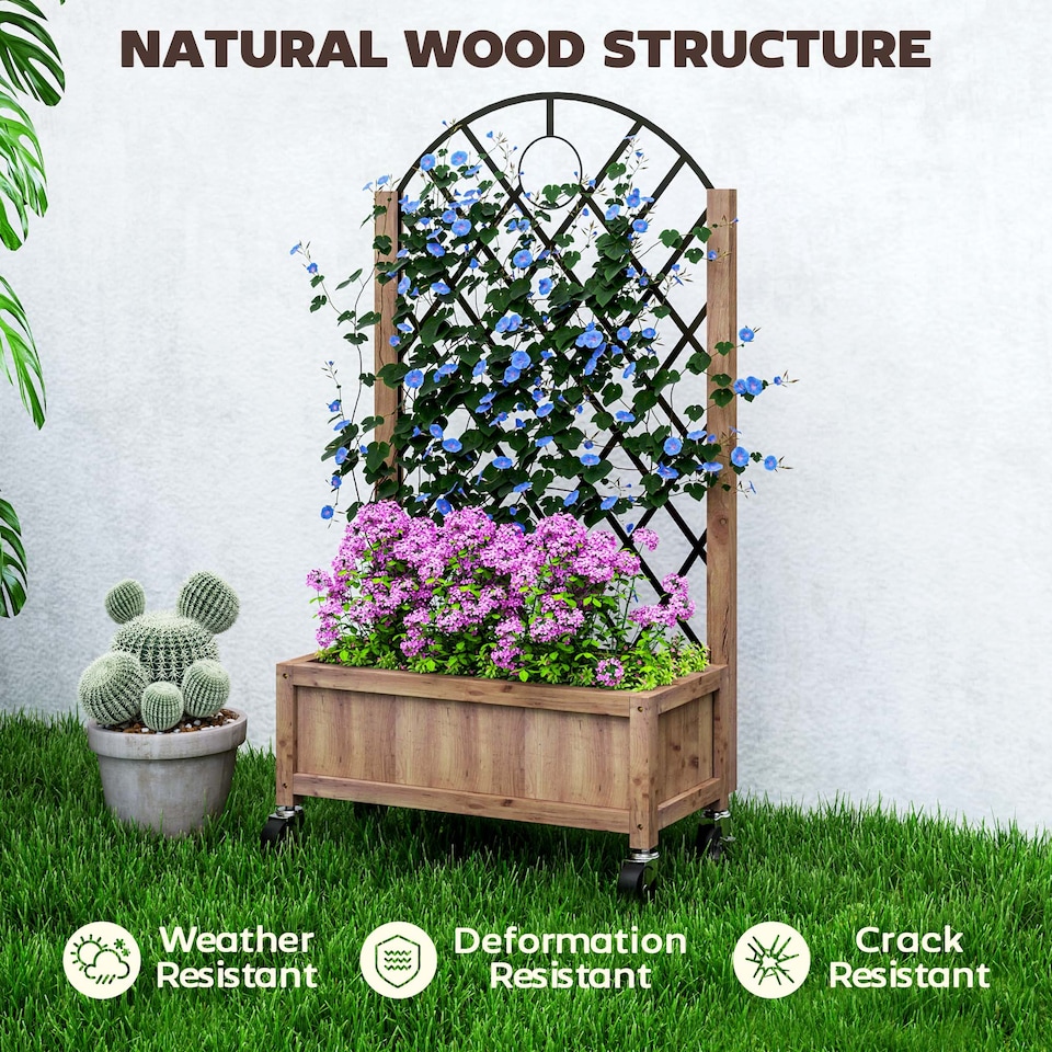 image 1 of Outsunny Wooden Raised Bed, Outdoor Planter Box  Metal Trellis | Brown | Brown