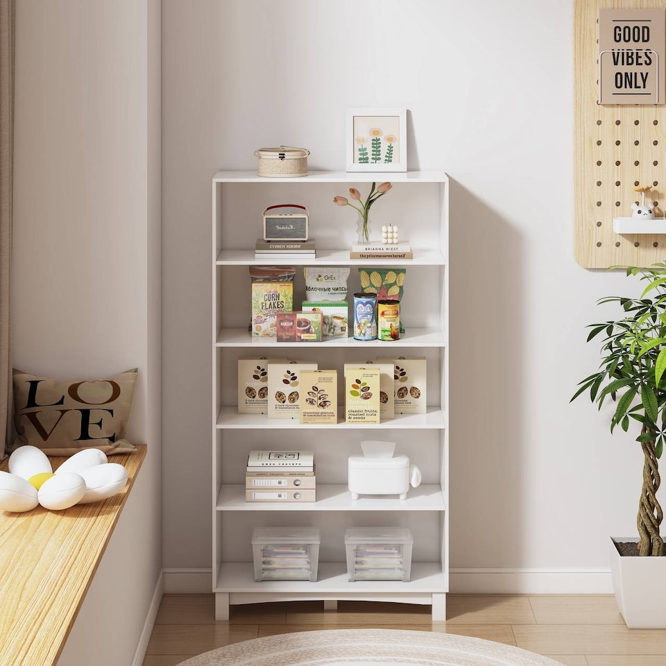 image 1 of Wide Shelf Tier Wooden Bookcase Shelving Modern Open Display Storage Cabinet | White | White 5 Tier Wide | 1
