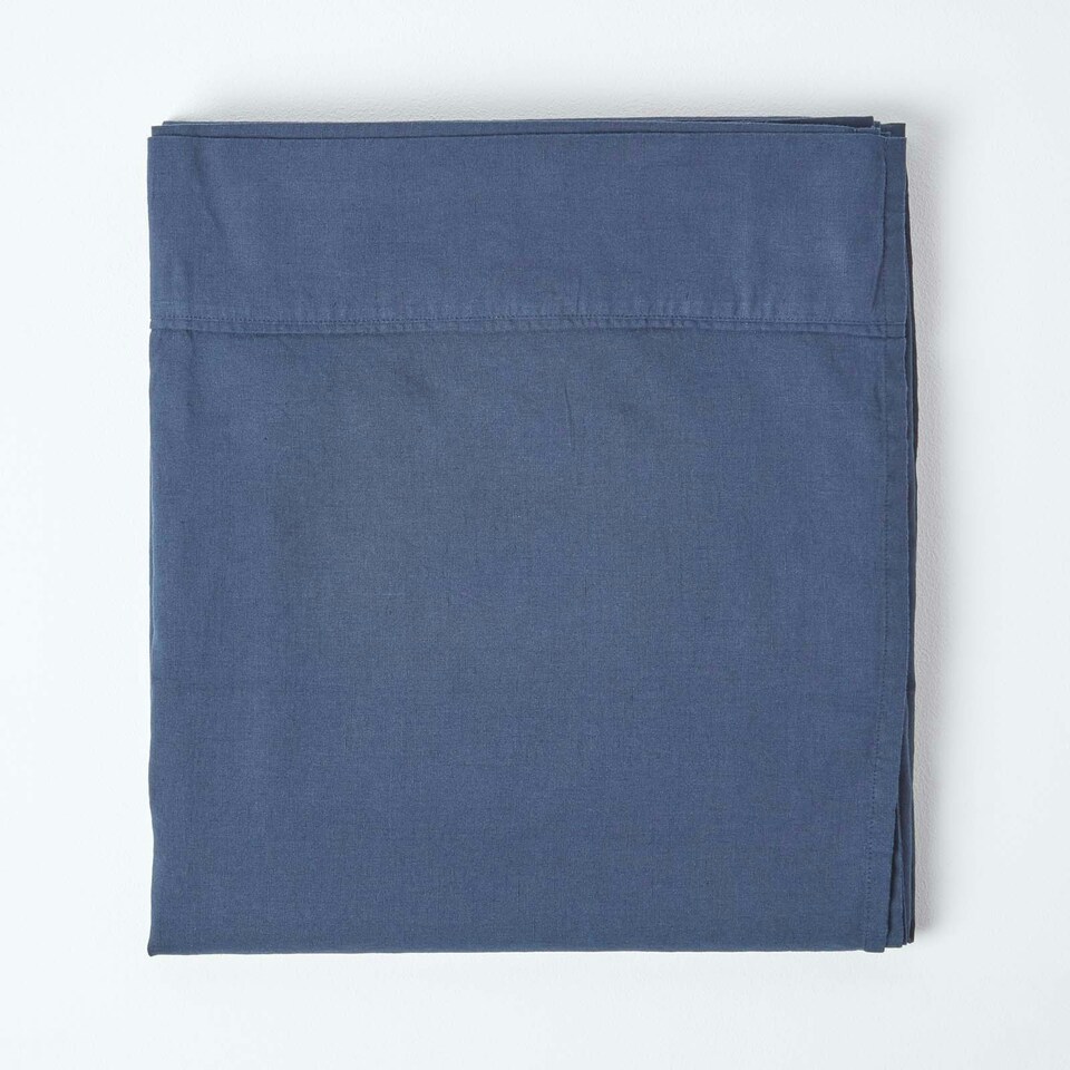 image 1 of Homescapes Navy Blue Linen Flat Sheet, King Blue | King