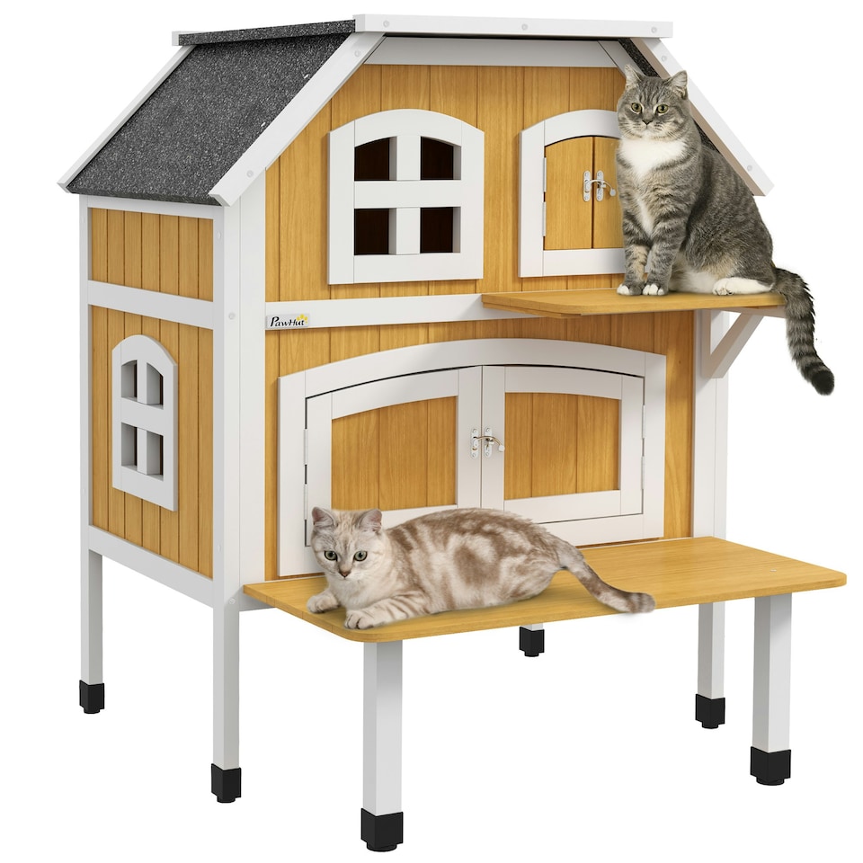 image 1 of PawHut Outdoor Cat House Cat Shelter w/ Openable Asphalt Roof, Escape Doors