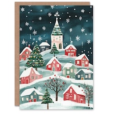 Festive Hill Town Winter Trees Festive Xmas Art Blank Christmas Card