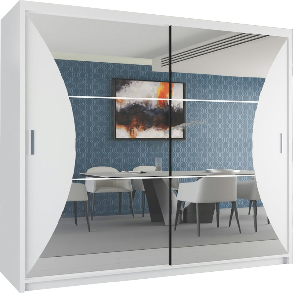image 1 of Sleek Sliding Wardrobe 203cm with Curved Mirror Design | White, Black, Grey Finish White | White203cm 