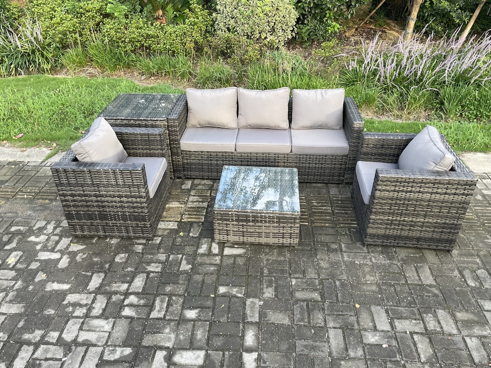 image 1 of Fimous Outdoor Lounge Sofa Set Wicker PE Rattan Garden Furniture Set with 2 Armchairs Side Table Square Coffee Table Dark Grey Mixed