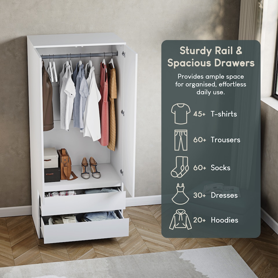 image 1 of Vida Designs Denver 2 Door 2 Drawer Wardrobe With Shelf & Clothes Rail, White