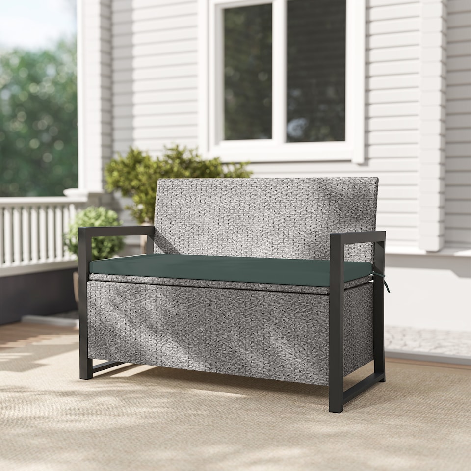 image 1 of Outsunny 151.5 L Garden Storage Bench with Inner Bag, 2 Seater PE Rattan Outdoor Garden Bench with Storage, Cushion, Wicker Outdoor Loveseat for Patio, Grey | Grey | One Size