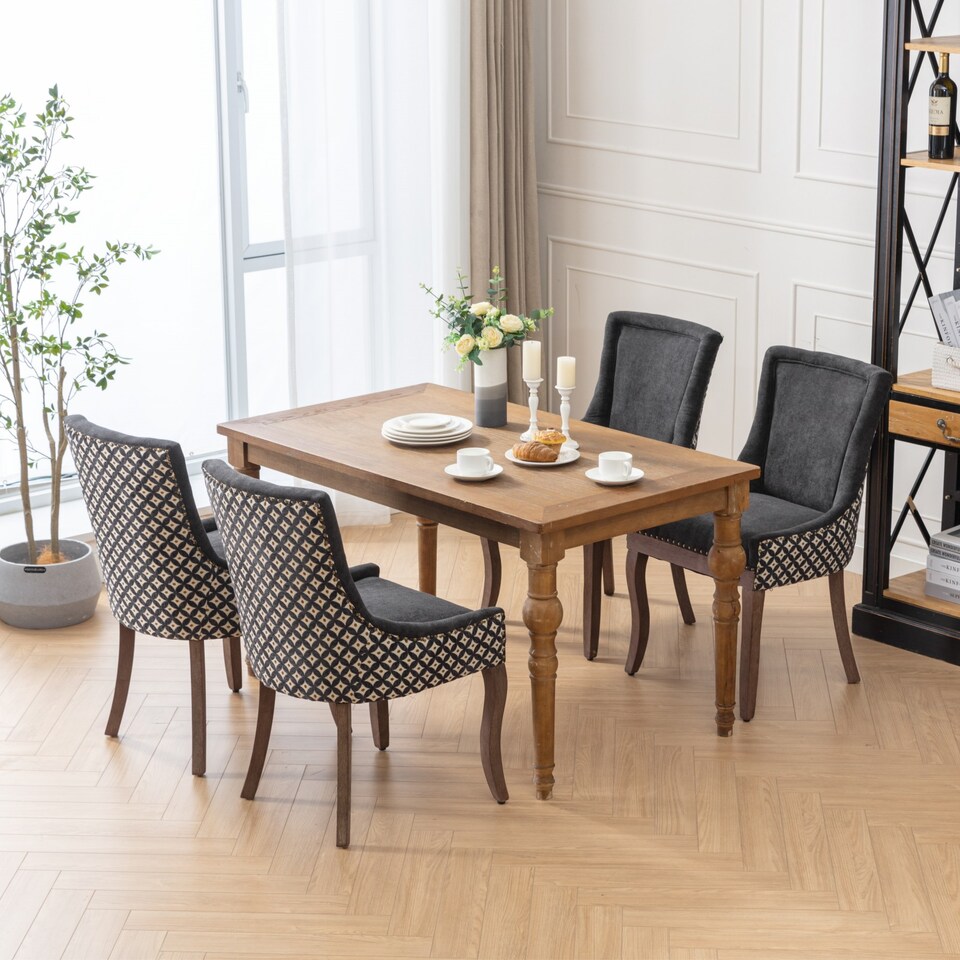image 1 of Bewley Set of 4 Vintage Linen Upholstered Kitchen Dining Chairs with Oak Wood Legs