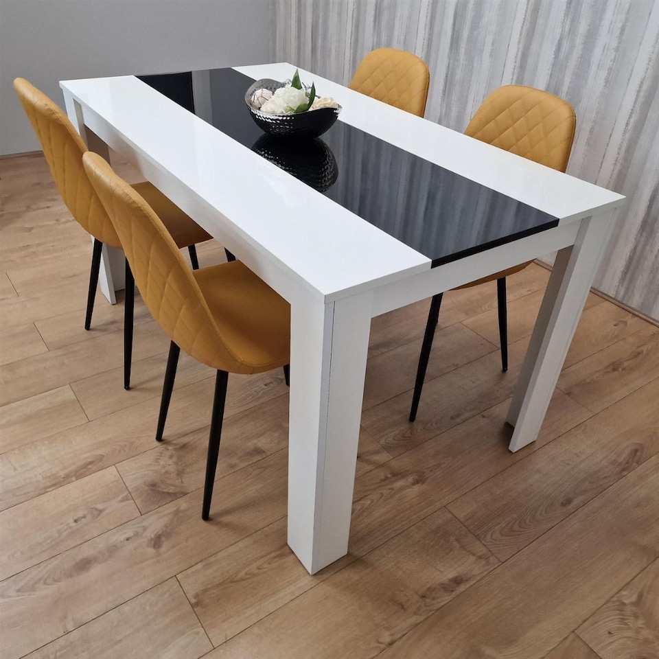 image 1 of Wooden White Black Dining Table with 4 Mustard Stitched Faux Leather Chairs Set