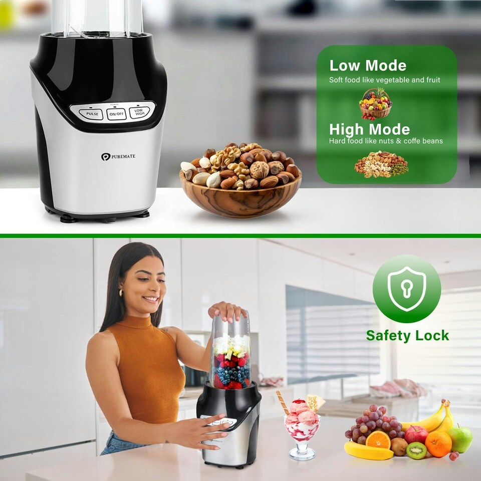 image 1 of PureMate Smoothie Maker and Blender, 1000 Watts, 8 Piece Set, 3 Speed Settings, Stainless Steel Blades Silver