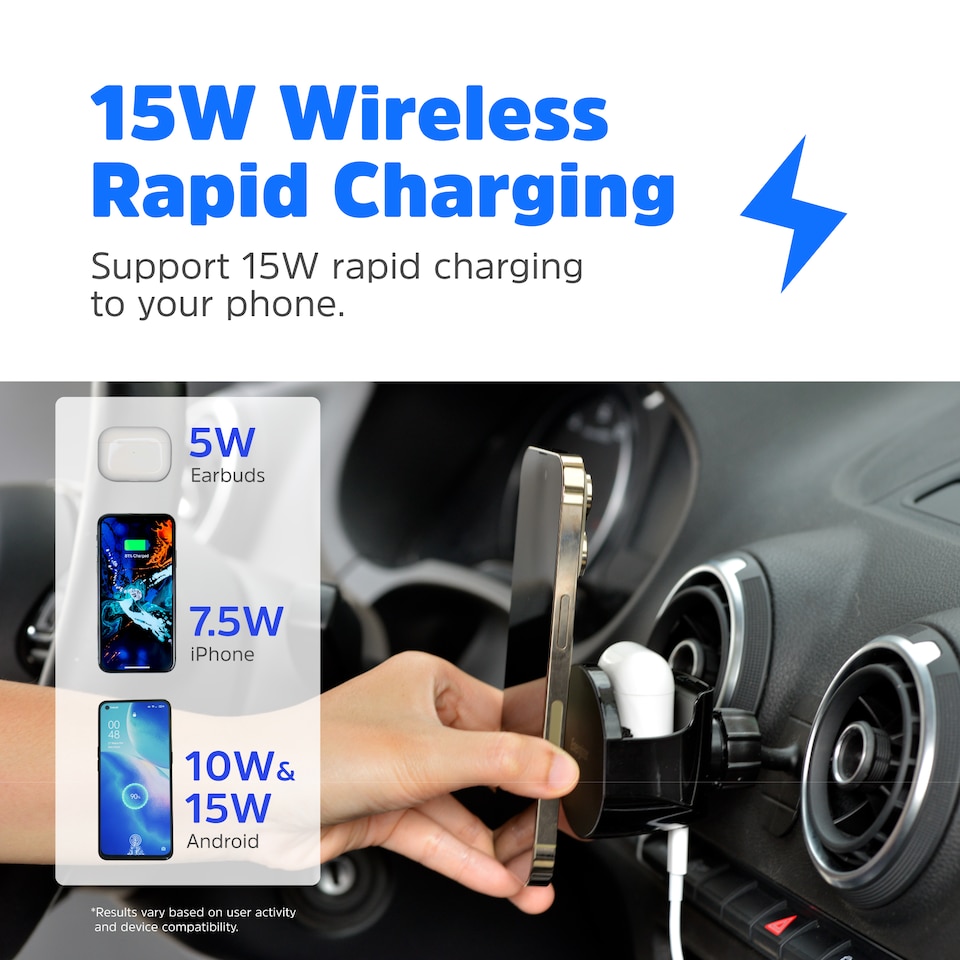 image 1 of Energizer In-Car Magnetic QI Wireless Charger & Airpods Black