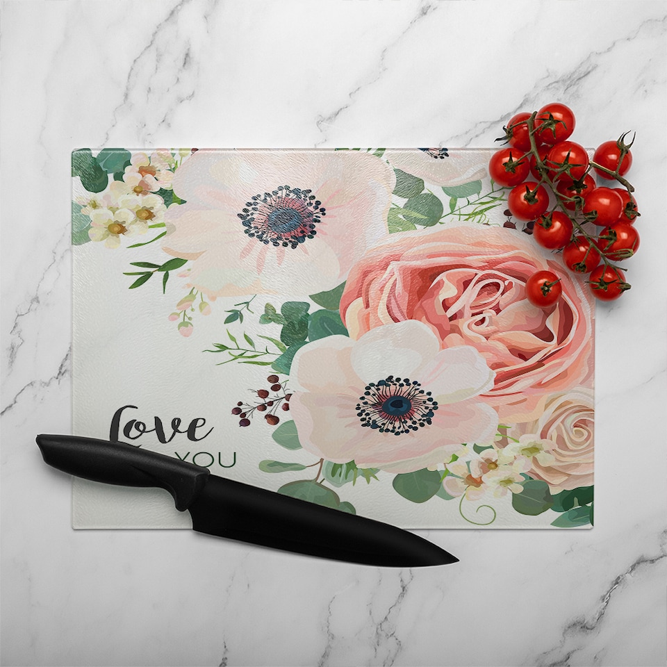 image 1 of Garden Flower Pink Peach Rose White Anemone Glass Chopping Board | Multi