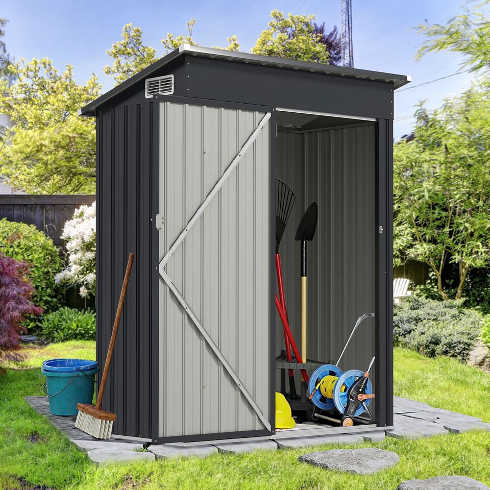 image 1 of COSTWAY All-Weather Storage Shed Utility Tool House w/Top Sloping Design-Grey