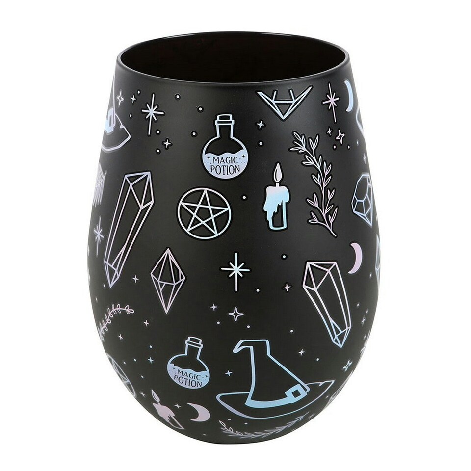 image 1 of Something Different Crystal Witch Print Stemless Wine Glass - Black/Blue - One Size