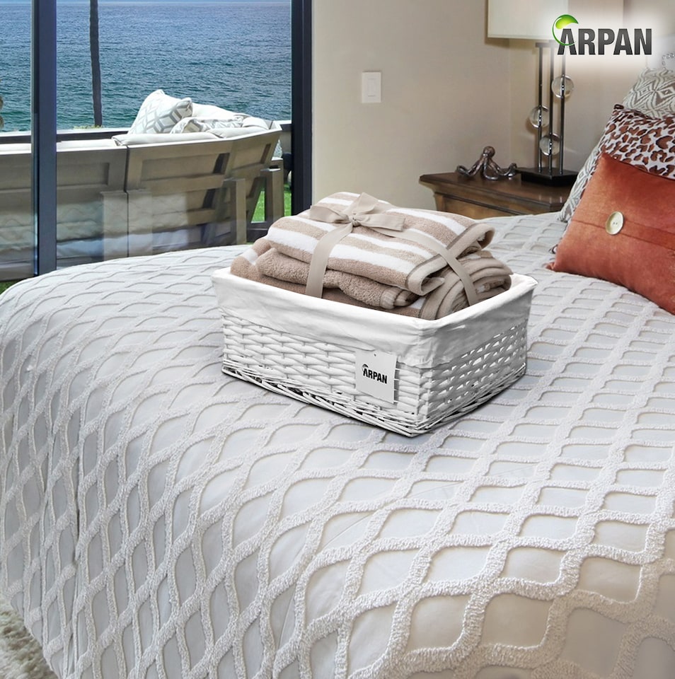 image 1 of White Wicker Storage & Hamper Basket with White Cloth Lining – Basket for Xmas, Wedding, Confetti & Parties, Snack Display