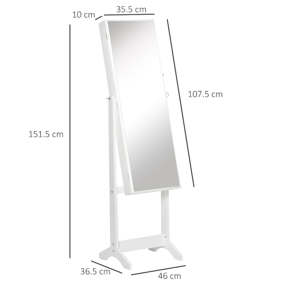 image 1 of HOMCOM Full Length Mirror with Storage, Jewellery Cabinet with Mirror, Adjustable Angle and Stand, Lockable Jewellery Organiser for Bedroom Dressing Room, White
