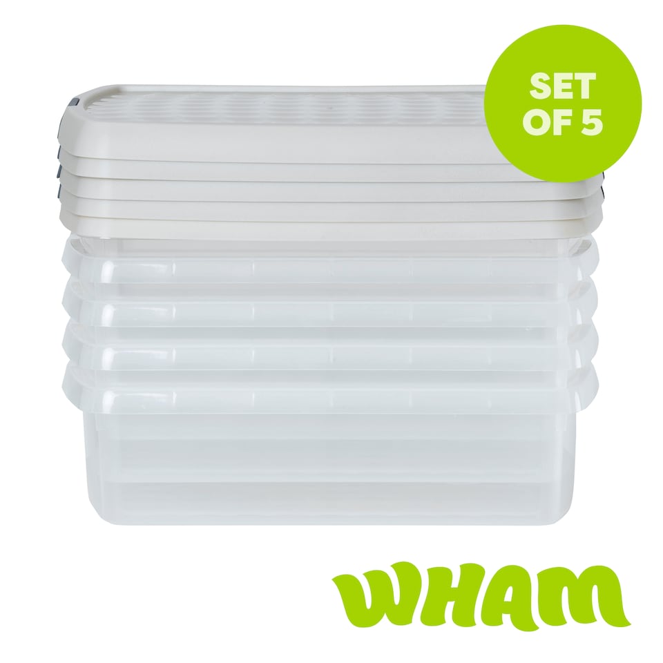 image 1 of Wham Clip 5x 8.5L Rectangular Plastic Storage Boxes with Clip Lock Lids. Ideal for Home, Office, Toys & More - Clear/Stone | Cream | Stone | 5