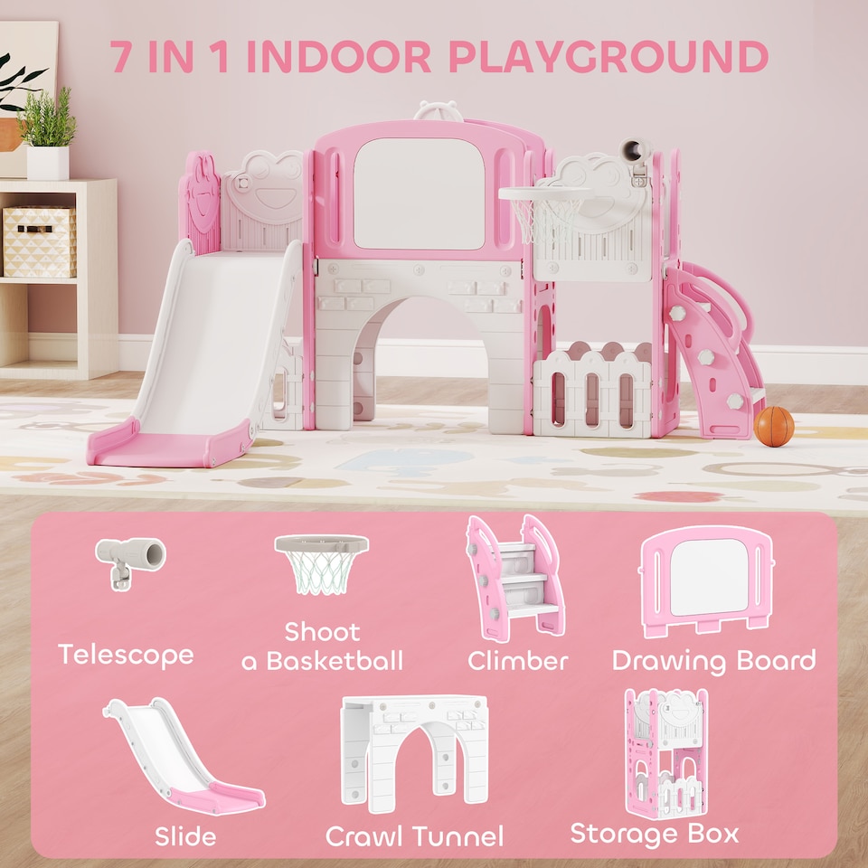 image 1 of AIYAPLAY 7 in 1 Toddler Slide Set, Frog Theme Playset with Basketball Hoop