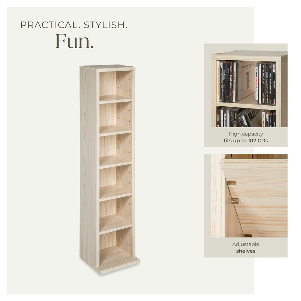 image 1 of CD DVD Storage Tower Media Display Unit Adjustable Shelves Wood Effect 102 CDs or 27 DVDs Brown | Beech