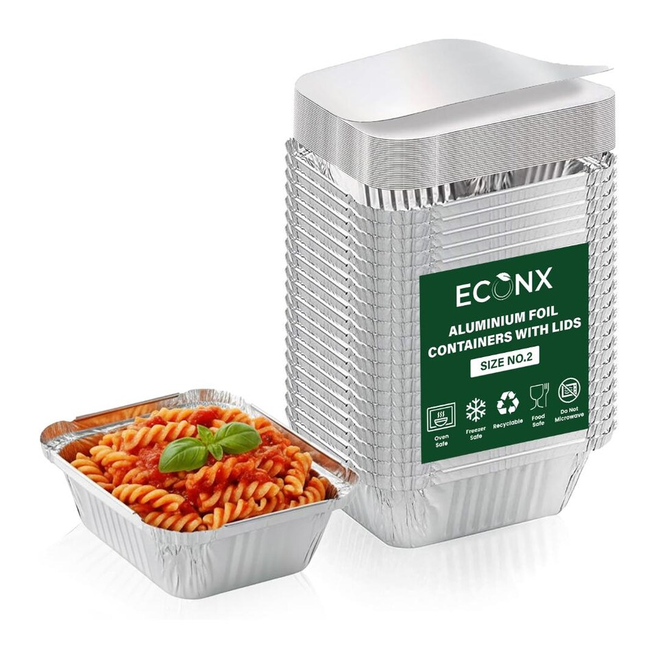 image 1 of ECONX No.2 Aluminium Disposable Foil Food Container With Lids Reusable Takeaway Containers 100PC