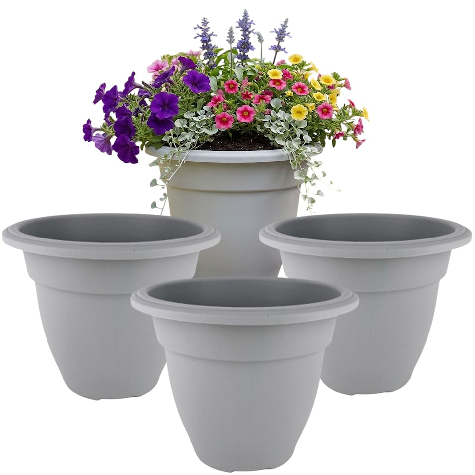 image 1 of 4x Grey Round Bell Plant Pot 45cm Plastic Bell Planter Patio Flowerpot