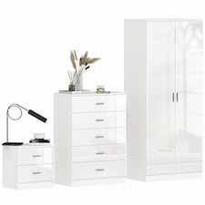 HOMCOM High Gloss 3 Trio Wardrobe Set Drawers Bedroom Furniture Chest Bedside | White | One Size | 3