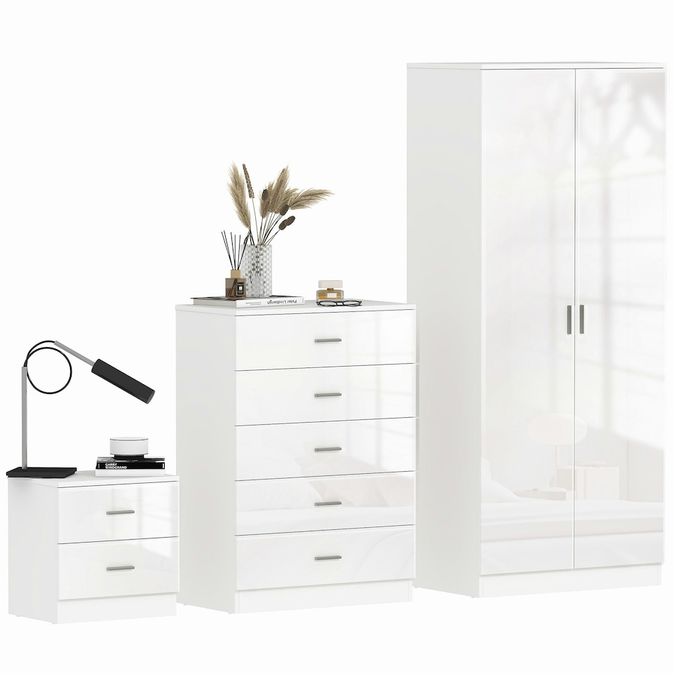 image 1 of HOMCOM High Gloss 3 Trio Wardrobe Set Drawers Bedroom Furniture Chest Bedside | White | One Size | 3