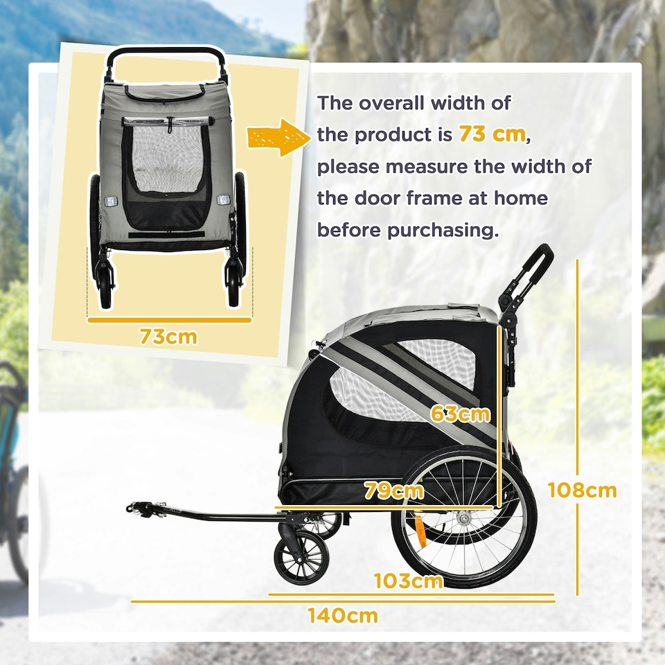image 1 of PawHut 2-In-1 Dog Bike Trailer Stroller w/ Universal Wheel Reflector Flag Grey