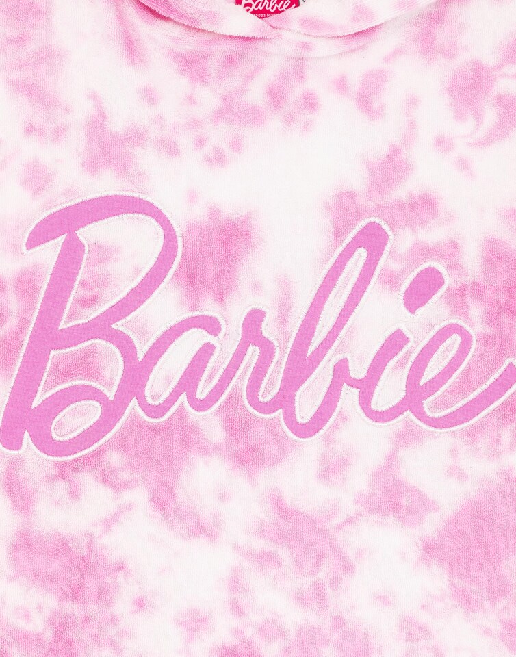 image 1 of Barbie Girls Towel Poncho | Pink Tie Dye Wearable Bath Towel For Kids | Classic Logo Graphic Hooded Changing Robe | Short Sleeve Cosy Swimwear Beach Cover Up Merchandise Gift for Children