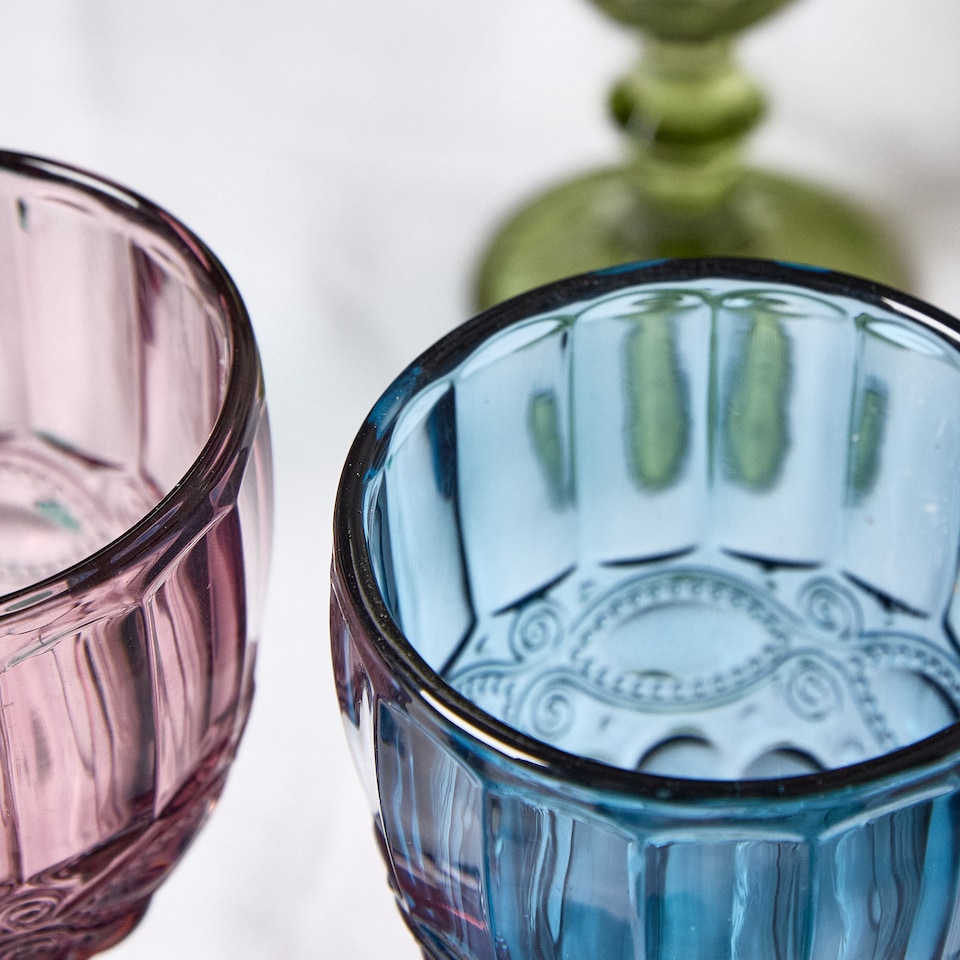 image 1 of Set of 4 Mix Match Embossed Palazzo Coloured Glass Wedding Decor Glassware Wine Goblets 350ml