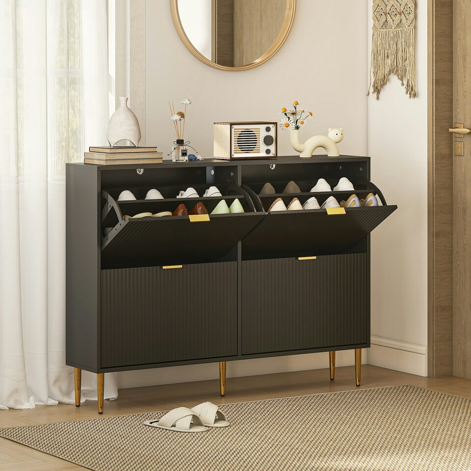 image 1 of HOMCOM Slim Shoe Storage Cabinet with 4 Flip Drawers for Hallway Black