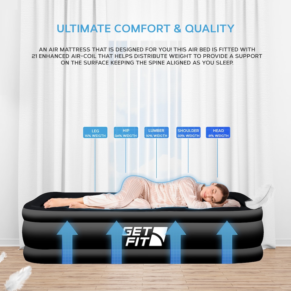 image 1 of Get Fit Air Bed With Built In Electric Pump - Premium Single Size - Blow Up Bed With Free Pillow - Elevated Inflatable Air Mattress | Black | Black Mono | 1