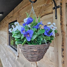 Best Artificial Lilac & White Pansy Flower with Decorative Rattan Hanging Basket for Indoor or Outdoor Use | Blue | Lilac & White | 1