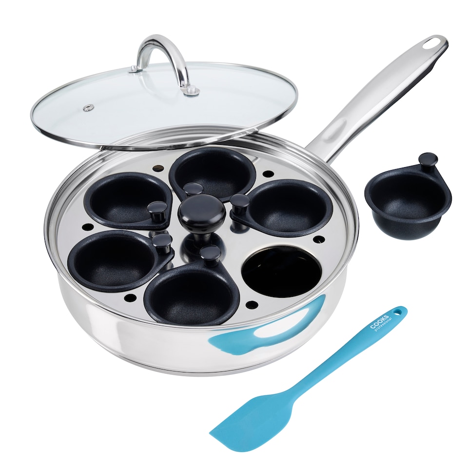 image 1 of Cooks Professional Stainless Steel Egg Poacher Pan with Lid & Spatula - 2, 4 or 6 Cup