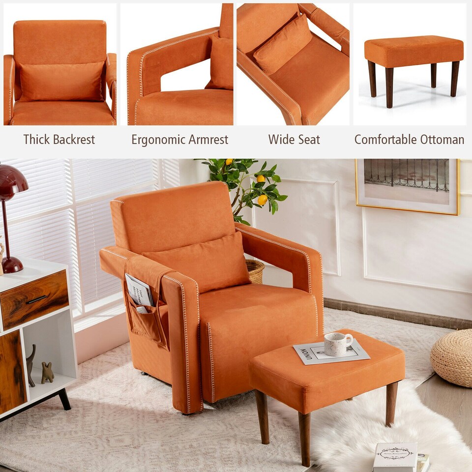 image 1 of COSTWAY Modern Accent Sofa Chair with Ottoman Upholstered Orange Orange