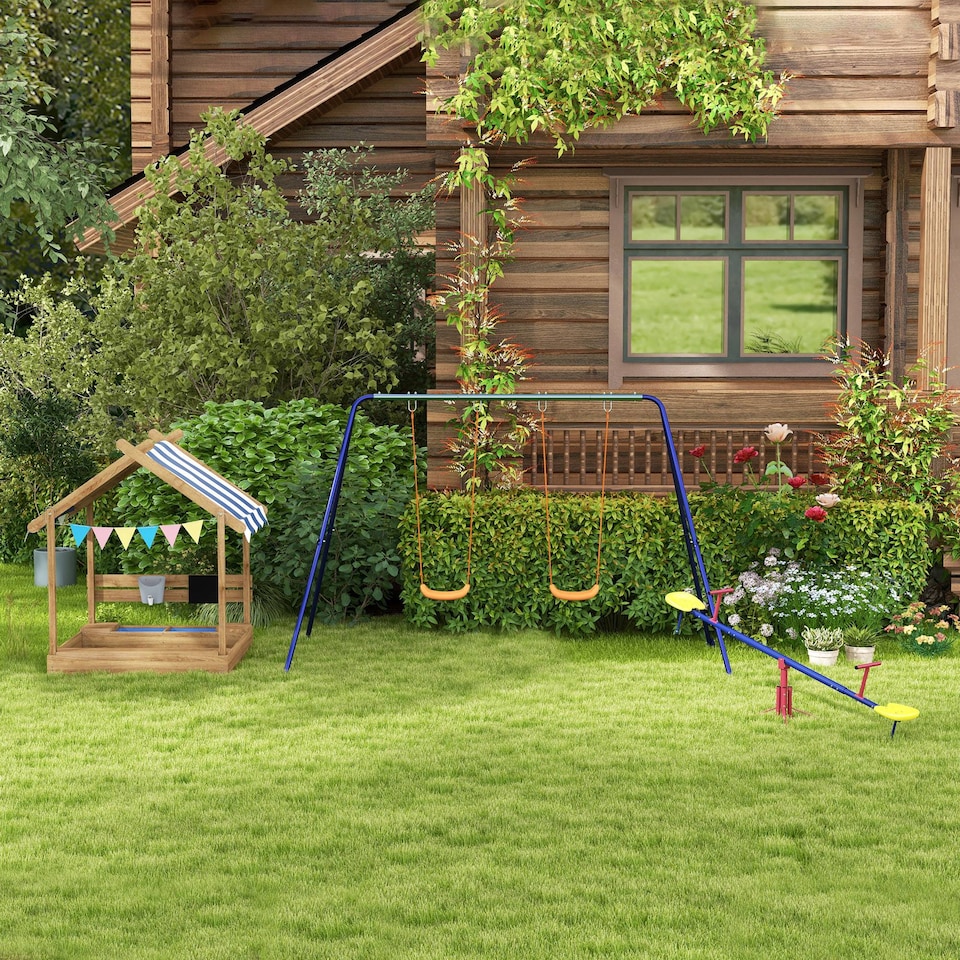 image 1 of Outsunny Sand Pit with Canopy, Blackboard, Toys, Sink, Seats, Flags for Kids | Brown | Brown