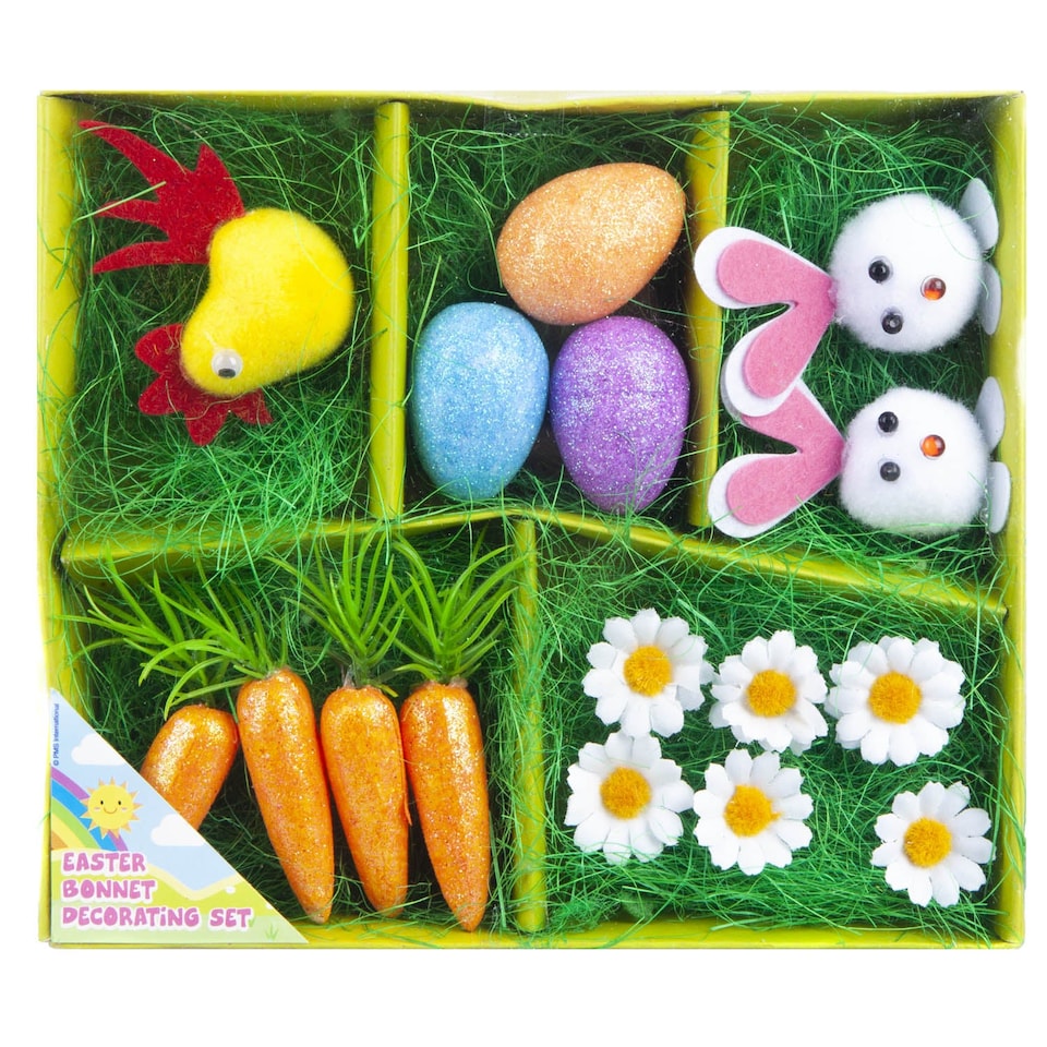 image 1 of PMS Easter Bonnet Decorating Set - 16-Piece Bunny, Carrot & Daisy Craft Kit