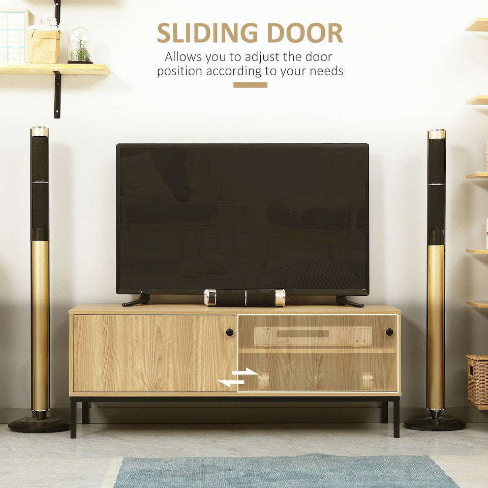 image 1 of HOMCOM TV Stand Cabinet with Sliding Door for Living Room Natural