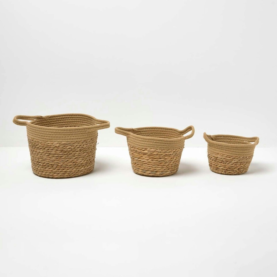 image 1 of Homescapes Set of 3 Woven Storage Baskets, Natural Grass and Rope Cream