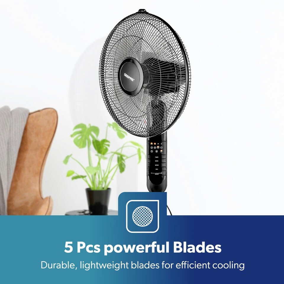 image 1 of GEEPAS 16’’ Pedestal Fan with Remote Control – 60W Free-Standing, Oscillating (Black)