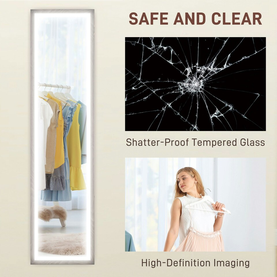 image 1 of HOMCOM Dimming Full Length Mirror w/ Lights Standing Leaning Wall Mount Grey