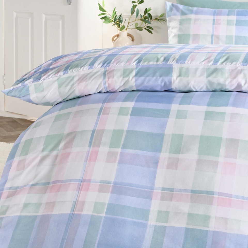 image 1 of OHS Watercolour Check Reversible Microfibre Duvet Cover Bedding Set | Blue | Double