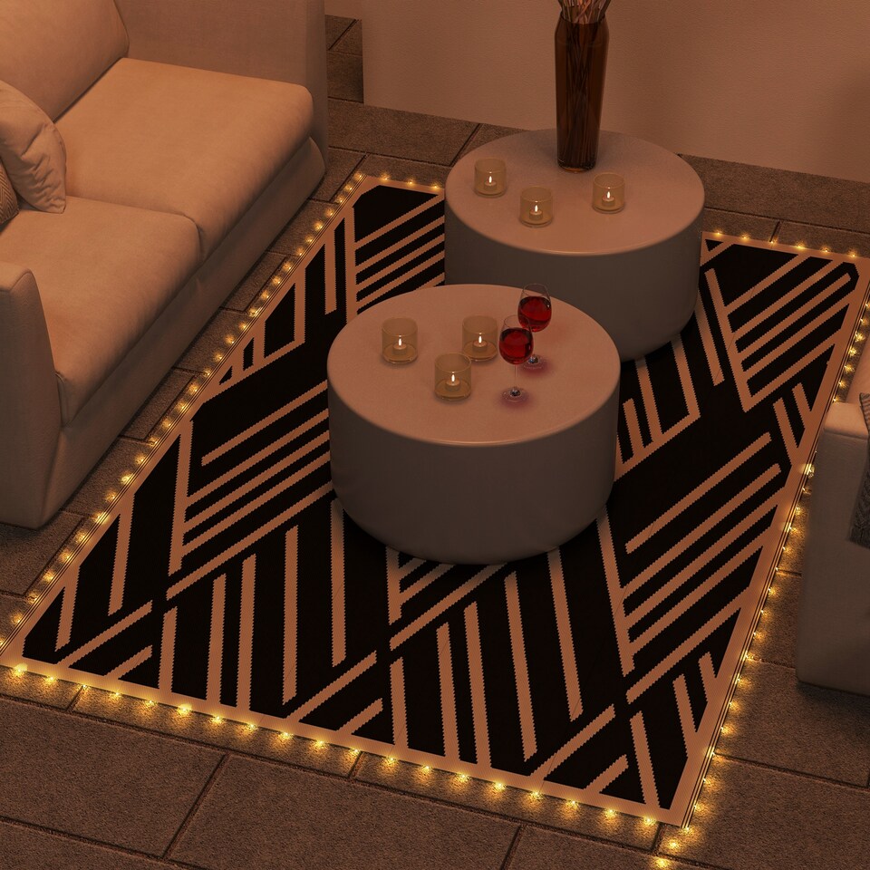 image 1 of Outsunny Waterproof Outdoor Rug W LED String Light, 182 x 274cm, Black & White | Black | Black and Coffee | 182 x 274 x 0.3cm