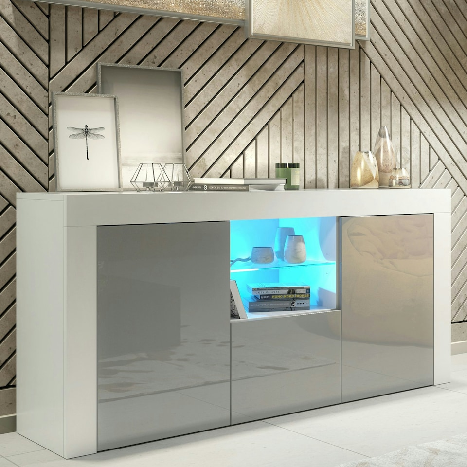 image 1 of TV Unit 145cm Grey Gloss Doors Free LED White Matt Media Cabinet | White | Grey | One Size | 1