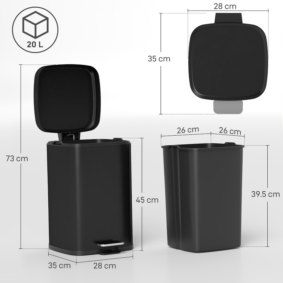 image 1 of HOMCOM 20 Litre Pedal Bin, Fingerprint Proof Kitchen Rubbish Bin with Soft-close Lid, Foot Pedal and Removable Inner Bucket for Recycling and Waste, Black | Black | 1