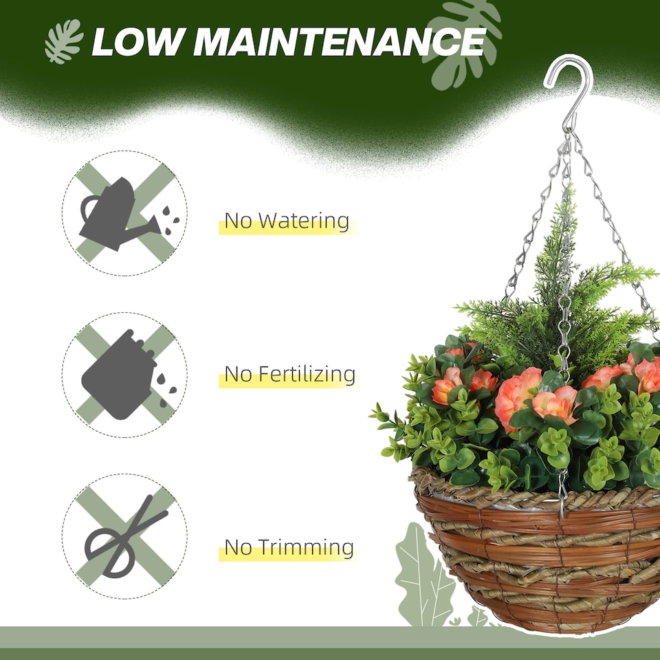 image 1 of Outsunny Pack of 2 FauPlant Artificial Lisianthus Flowers Hanging Planter with Basket for Indoor Decoration, Orange