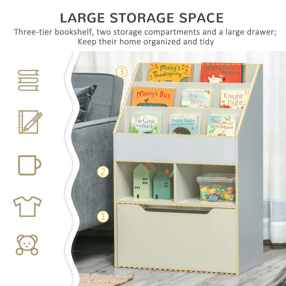 image 1 of HOMCOM Kids Bookcase, Toy Box w/ Storage Drawer, Wheels for Bedroom - Grey