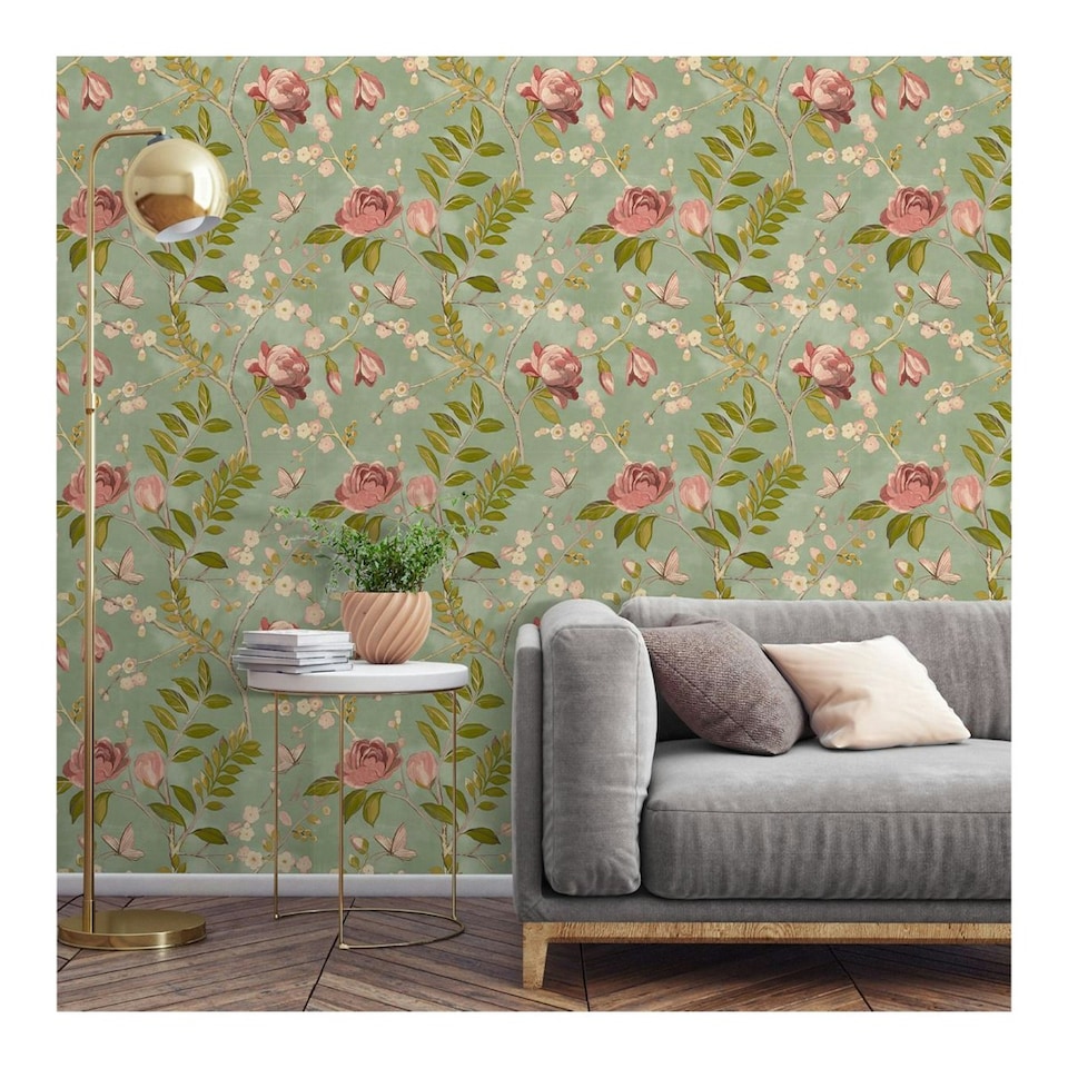 image 1 of Grandeco Lola Floral Wallpaper - Green/Pink - 10m x 53cm Green