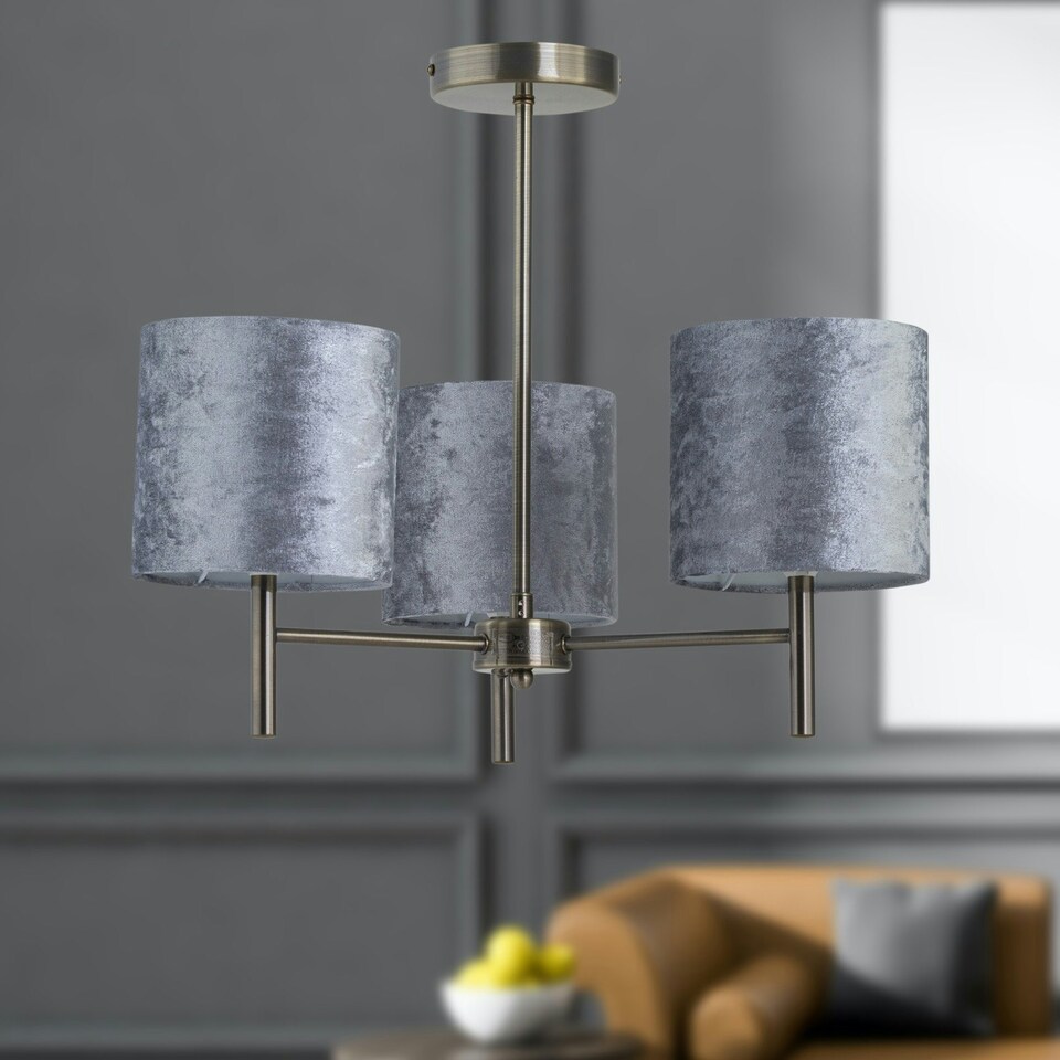 image 1 of Brea - Antique Brass 3 Light Fitting with Grey Crushed Velvet Shades Bronze | Grey