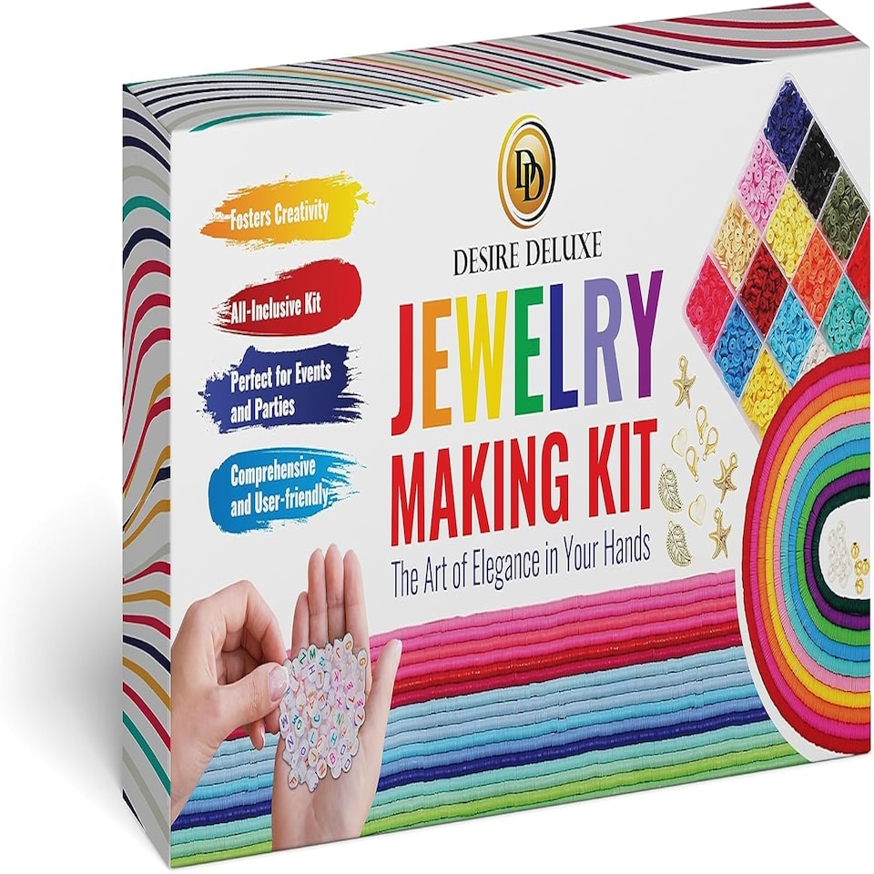 image 1 of Desire Deluxe Bracelet Necklace Making Kit - Clay Beads Friendship Jewellery - Letters and Crafts Making Kit - Elastic Rubber Pendants for Girls (6084 pieces)