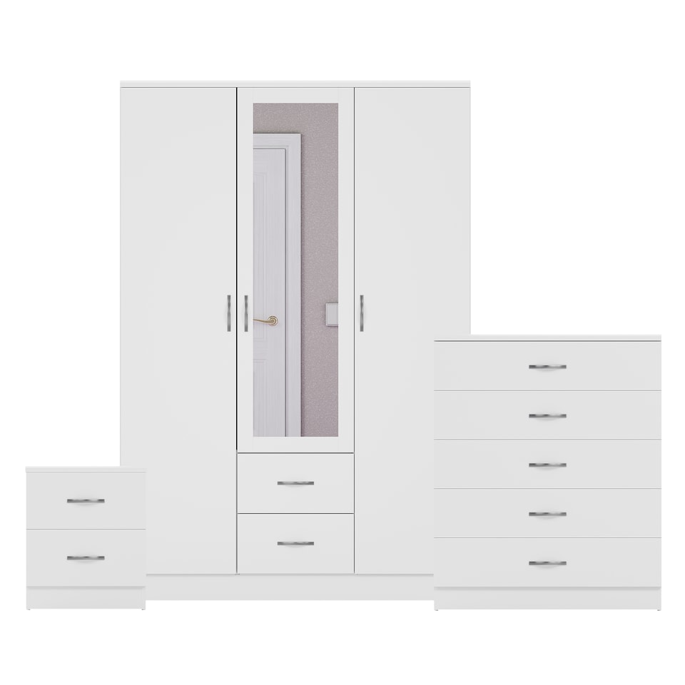 image 1 of Vida Designs Riano 3 Piece Bedroom Set (2 Drawer Bedside Chest, 5 Drawer Chest, 3 Door 2 Drawer Mirrored Wardrobe), White (5)