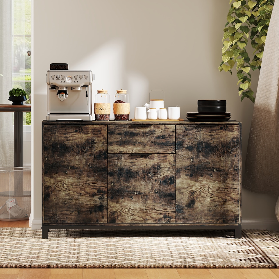 image 1 of HOMCOM Sideboard, Industrial Storage Cabinet with Doors, Drawer, Cupboard and Adjustable Shelves for Living Room, Dining Room, Hallway, Rustic Brown
